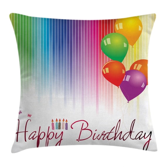 Birthday Decorations Throw Pillow Cushion Cover, Rainbow Colored Striped Backdrop Balloons Stylized Lettering Candles, Decorative Square Accent Pillow Case, 24 X 24 Inches, Multicolor, by Ambesonne