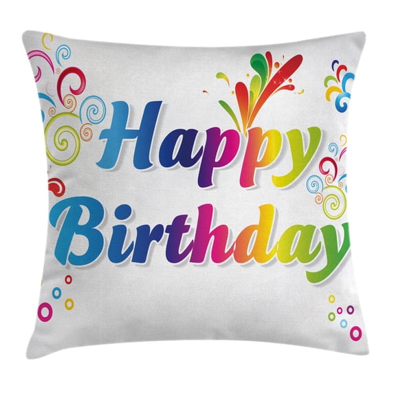 Birthday Decorations Throw Pillow Cushion Cover, Vibrant Abstract Floral Cute Embellishments on Artsy Birthday Message, Decorative Square Accent Pillow Case, 24 X 24 Inches, Multicolor, by Ambesonne