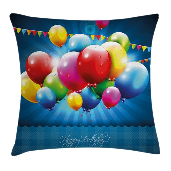 Birthday Decorations Throw Pillow Cushion Cover, Vibrant Colored Realistic Balloons and Party Flags on Blue Backdrop, Decorative Square Accent Pillow Case, 20 X 20 Inches, Multicolor, by Ambesonne