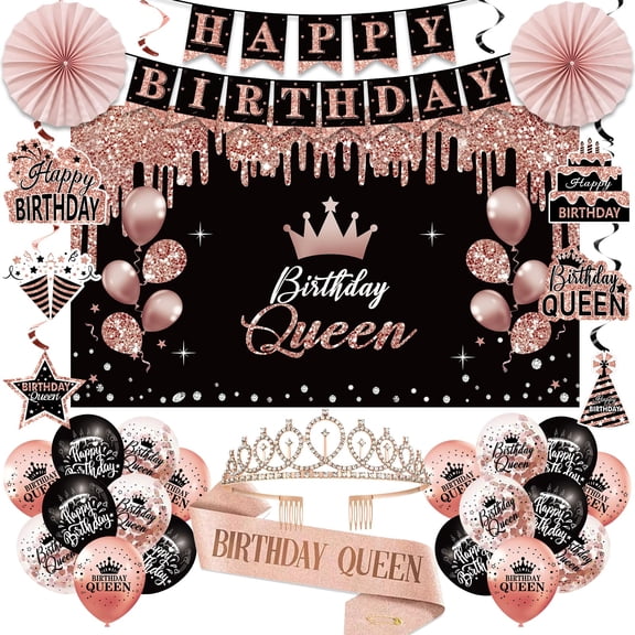 Birthday Decorations for Women, 33pcs Birthday Queen Crown Sash, Black Rose Gold Happy Birthday Banner Balloons Backdrop Hanging Swirls Paper Fans Birthday Party Decorations Kit Gifts for Her Y101