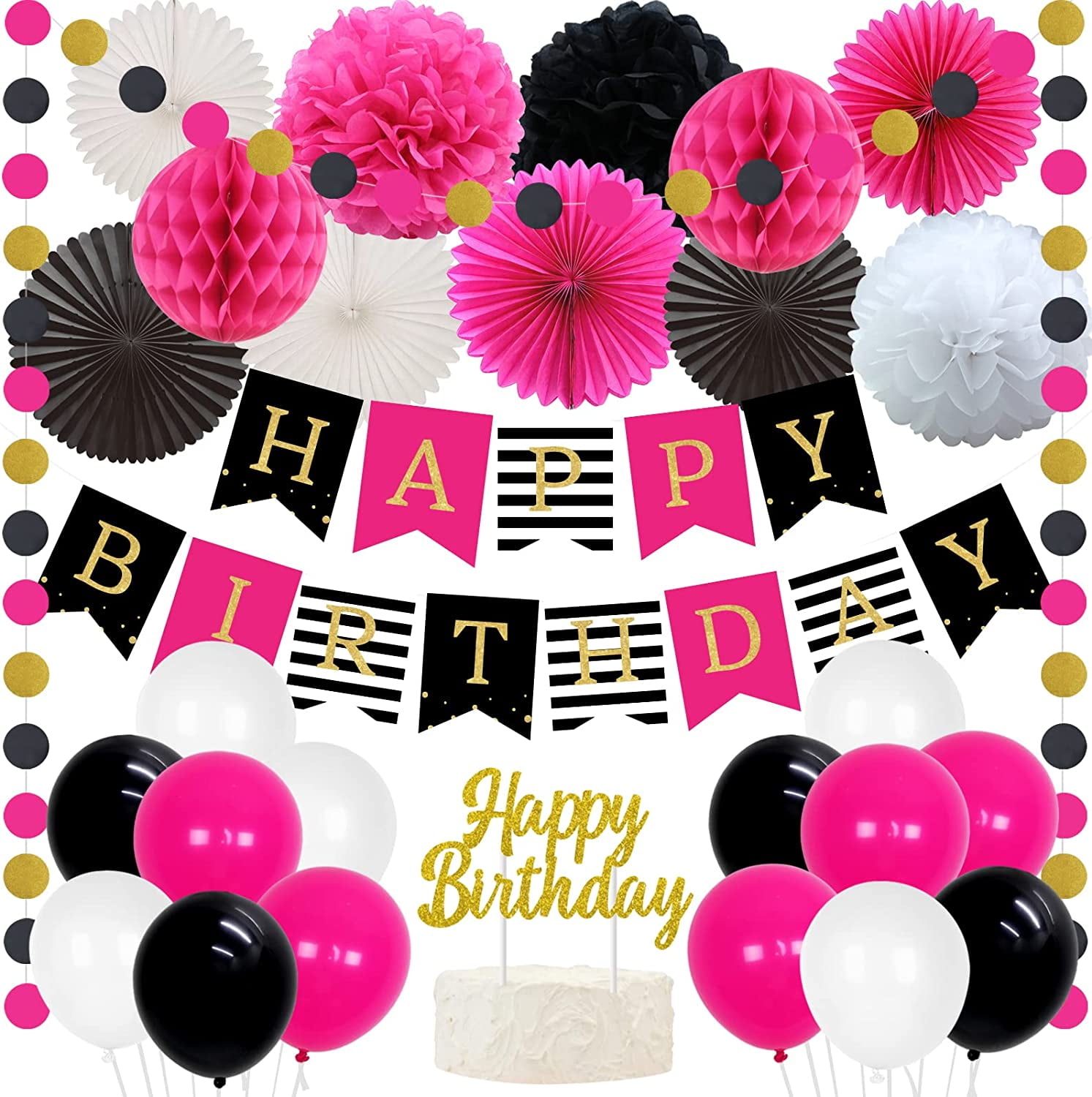 Walmart Women's Birthday Decorations, Hot Pink/Black/White, Bunting Banner,  Pom Poms, Fans, Dots - Walmart.com, image size:1493x1500