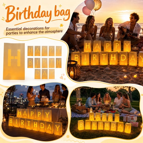 Birthday Decorations for Women, Light Up Letters Luminary Bags, Happy Birthday Decorations, Happy Birthday Light Up Sign, 13 Pack 10X6 in Translucent Letter Luminary Bag