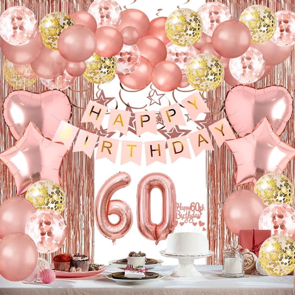 Birthday Decorations Women - Rose Gold Birthday Decorations Supplies for Her With Curtains, Hanging Swirl, Balloons, Banner, Star garland, Cake Topper, Cupcake Toppers