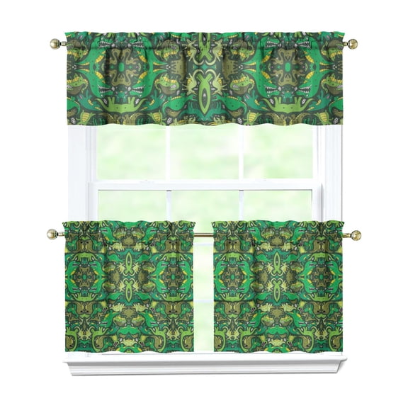 Birthday Dinosaur Curtains Set - Fun Cute Dino & Stars Pattern, Semi-Sheer 3 Pack Tier Window Panels, Farmhouse Style Caf Curtains with Valance
