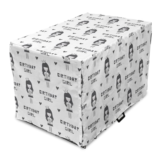 Birthday Dog Crate Cover, Little Girl with Gift Box Birthday Girl in Scandinavian Style, Easy to Use Pet Kennel Cover Small Dogs Puppies Kittens, 7 Sizes, White Grey and Charcoal Grey, by Ambesonne