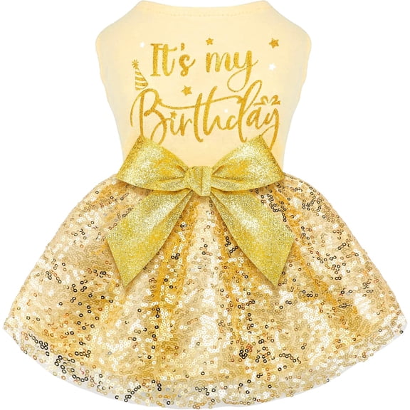 Birthday Dog Dress with Gold Sparkly Sequin Pet Clothes