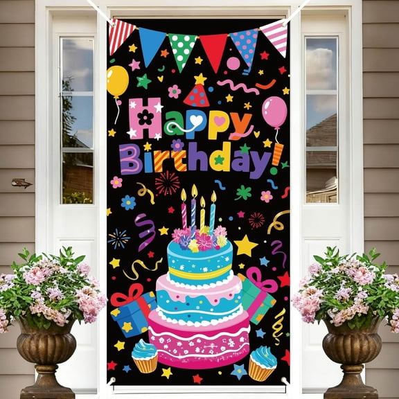 Birthday Door Cover Colorful Door Covers Cake Balloon Pattern Polyester Rectangle Banners otogray Background