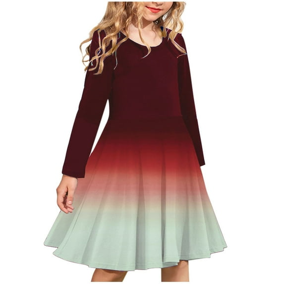 Birthday Dress for Girls Girls Long Sleeve Stretchy Dress a Line Twirly Skater School Recital Dress Long Sleeve Round Neck Dress Girls Maxi Dress with Sleeves Red-A 11Y