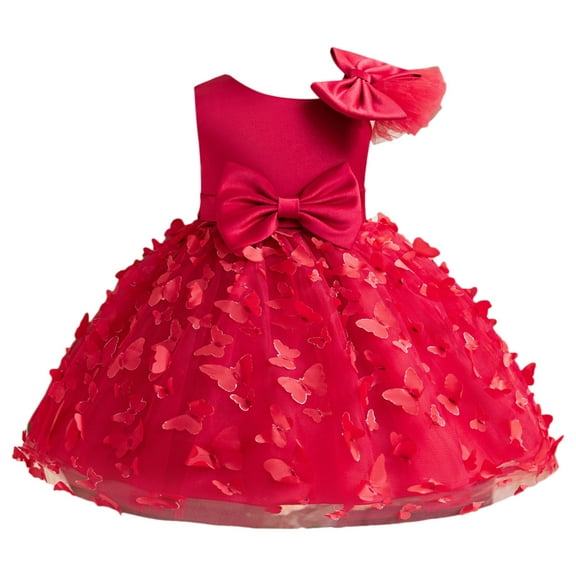 Birthday Dress Girls Kids Tulle Pageant Dress Party Bow Knot Sleeveless Role Play Gown Dresses Toddler Girls Dresses Red 1 Years-2 Years