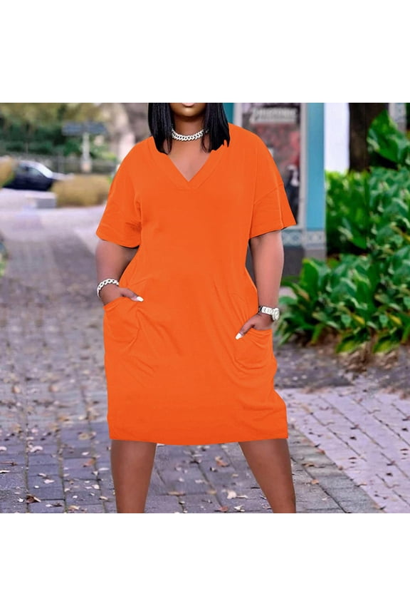 Birthday Dress Plus Size Dress for Women V Neck Summer Solid Casual Sundresses Pocket Knee Short Sleeve with Pockets Party Dress