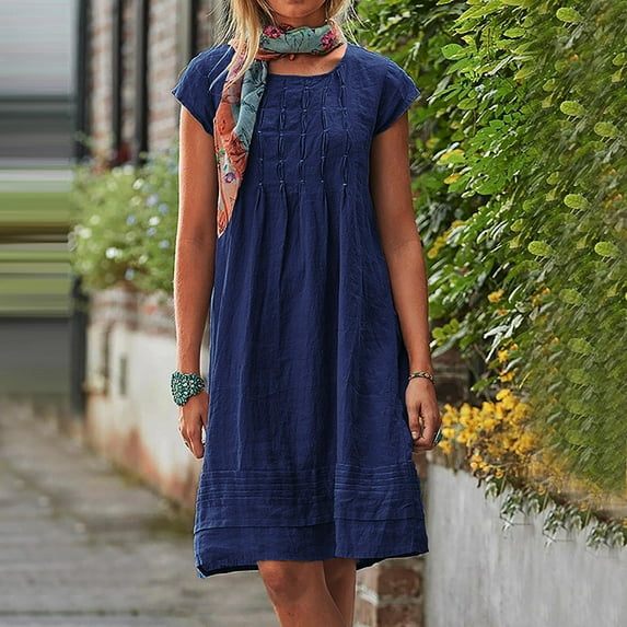 Birthday Dress Women's Round Neck Short Sleeved Pleated Solid Linen Loose Fitting Dress Beach Dresses