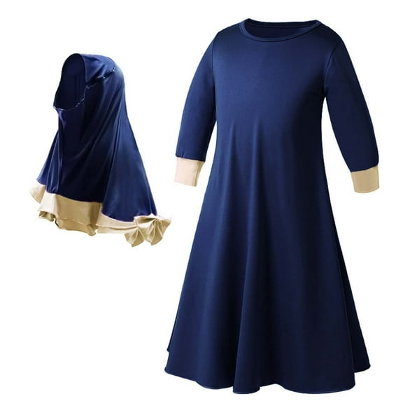 Birthday Dresses for Girls New Girls Long Sleeve Solid Color Round Neck Dress Lace Turban Two Piece Muslim Children's Clothing Casual Party Tulle Sundress for Kids Toddler Ball Gown Blue New