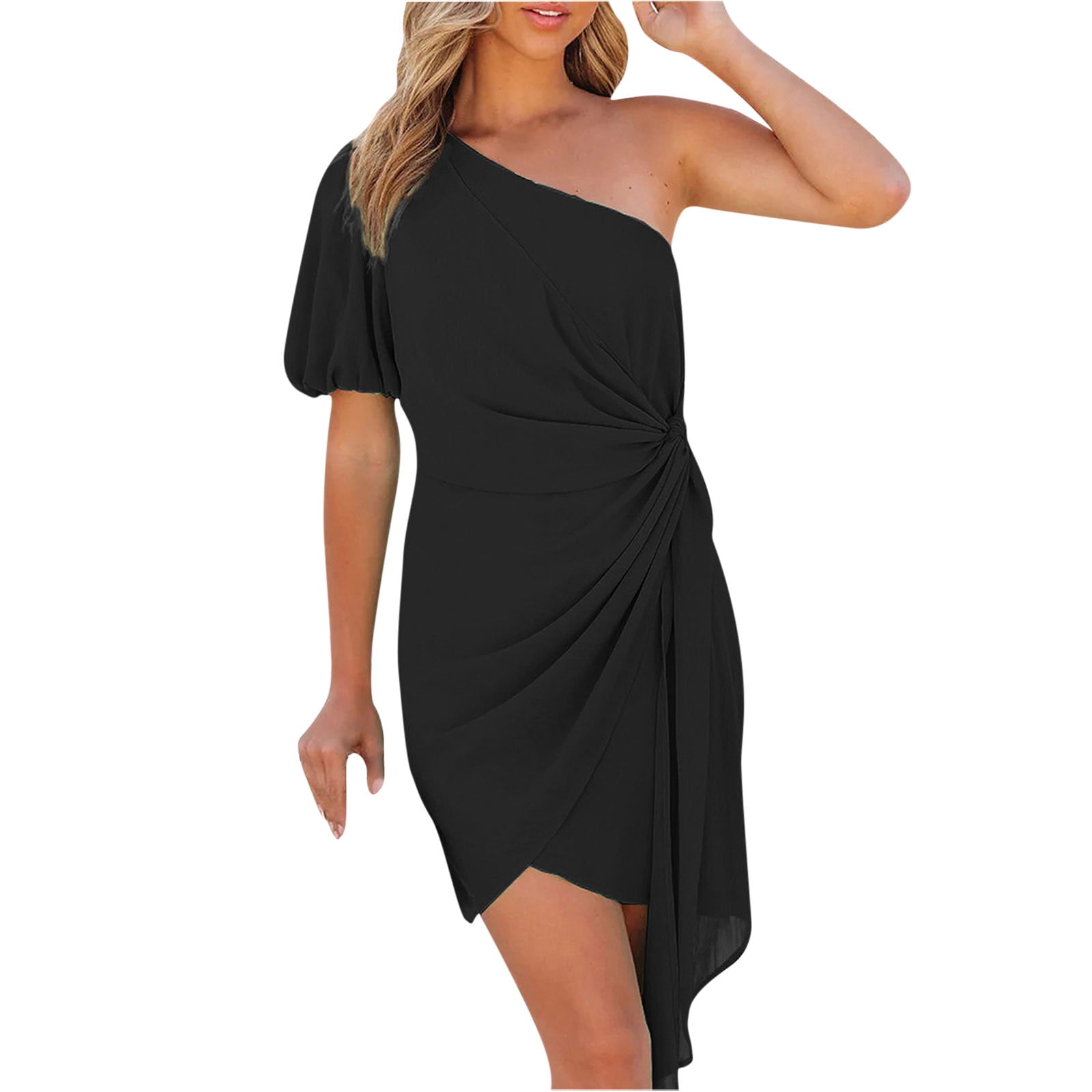 Birthday Dresses for Women Sexy One Shoulder Bodycon Evening Dress Bubble Short  Sleeve Party Dress Knot Waist Dress - Walmart.com