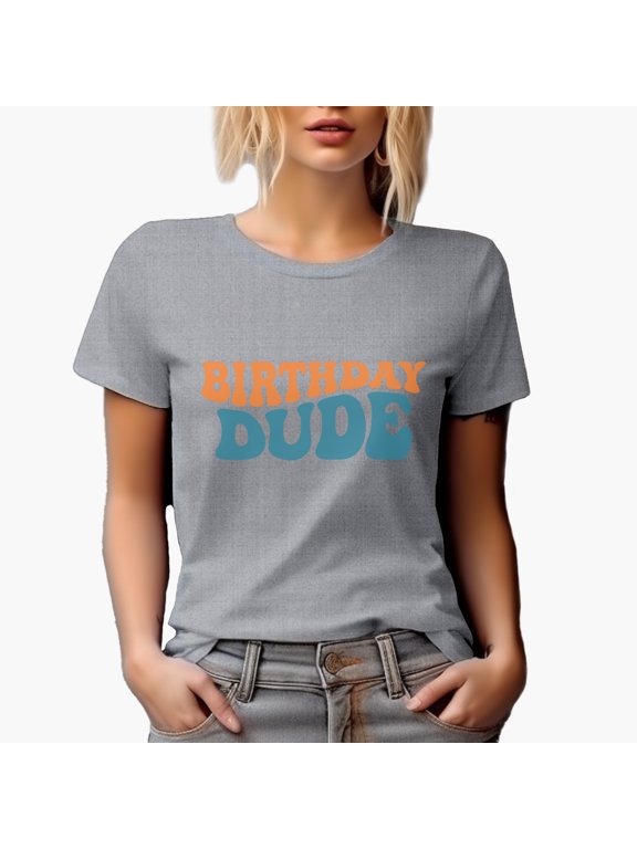 Birthday Dude, Groovy Retro Wavy Text Merch Gift, Heather Grey T-Shirt, Medium