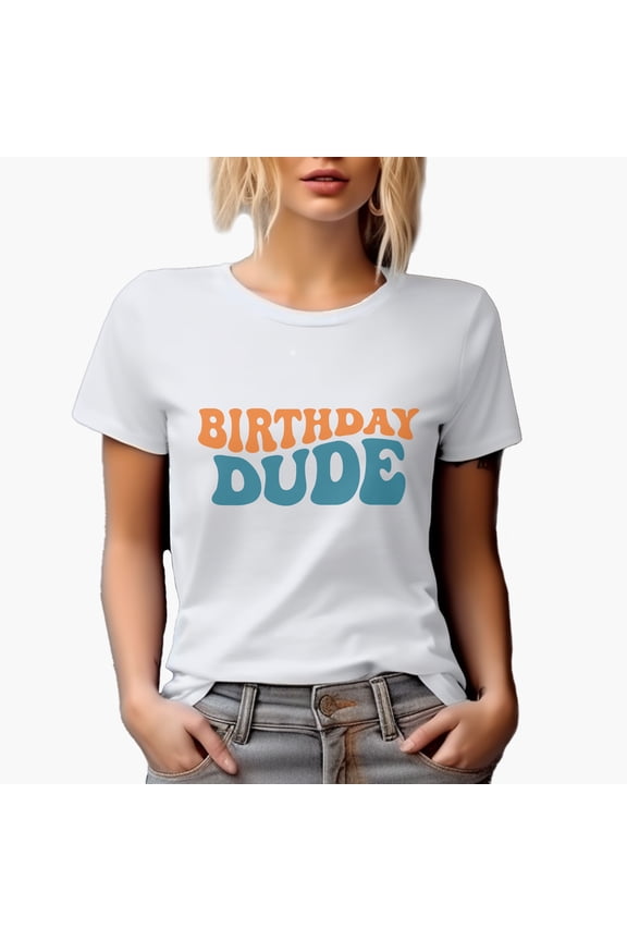 Birthday Dude, Groovy Retro Wavy Text Merch Gift, White T-Shirt, XL