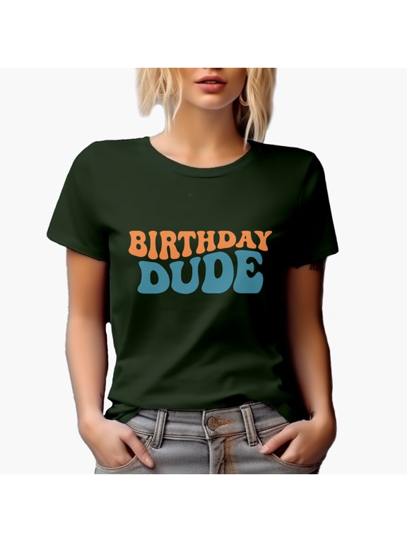 Birthday Dude, Party Themed, Groovy Retro Wavy Text Merch Gift, Military Green T-Shirt, Medium