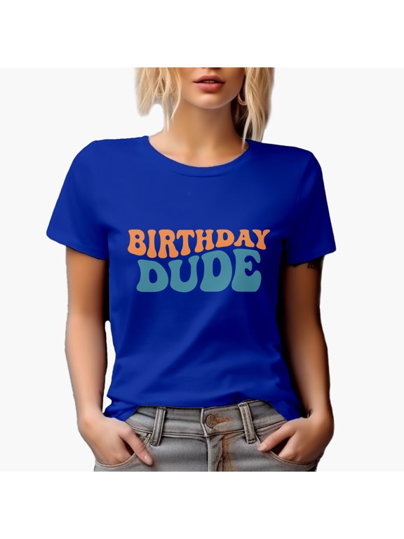 Birthday Dude, Party Themed, Groovy Retro Wavy Text Merch Gift, Royal Blue T-Shirt, Small
