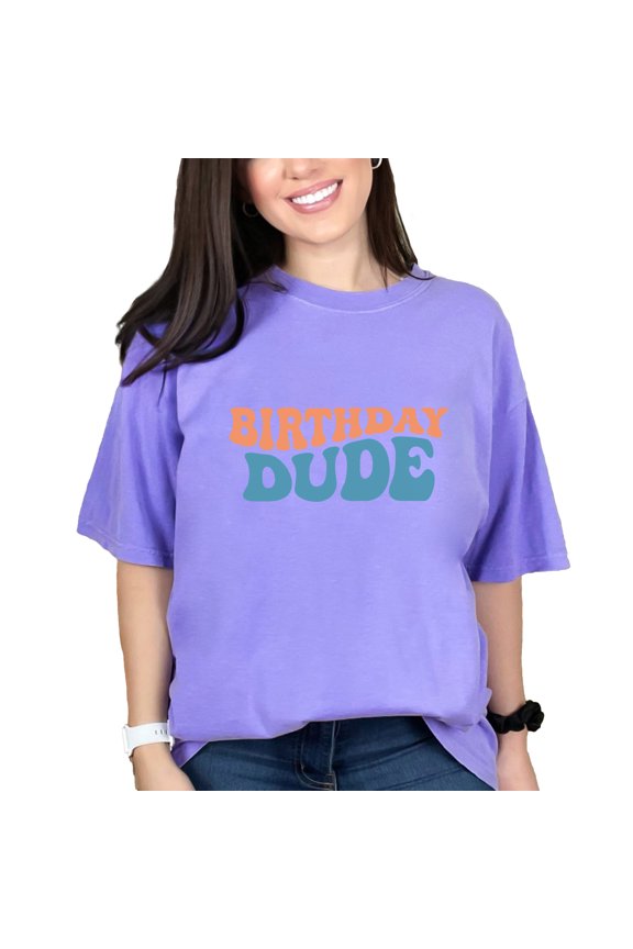 Birthday Dude, Party Themed, Groovy Retro Wavy Text, Violet Comfort Colors T-Shirt, Small