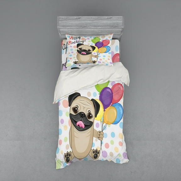 Birthday Duvet Cover Set, Animal Dog Smiling Pug with Party Balloons Greeting Card Inspired Design, Bedding Set with Shams and Fitted Sheet, 3 Sizes, by Ambesonne