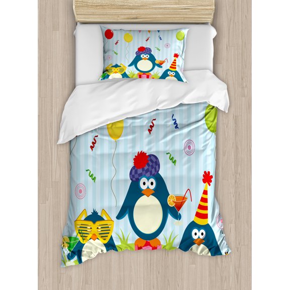 Birthday Duvet Cover Set, Cartoon Style Penguin Party with Flags Cakes and Gift Box Theme Print, Decorative 2 Piece Bedding Set with 1 Pillow Shams, Twin Size, Fern Green Pale Blue, by Ambesonne