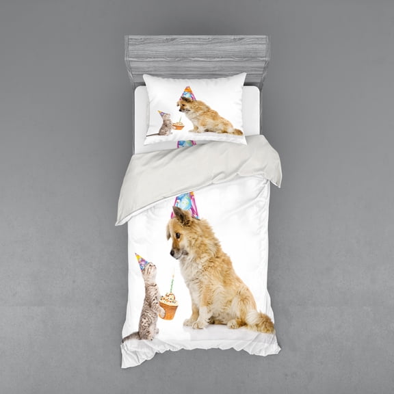 Birthday Duvet Cover Set, Cat and Dog Domestic Animals Human Best Friend Party with Cupcake and Candle, Bedding Set with Shams and Fitted Sheet, 3 Sizes, by Ambesonne