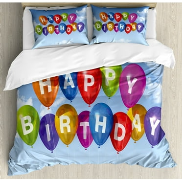 Birthday Duvet Cover Set, Colored Celebration Balloons with Letters in the Clear Sky White Clouds Happiness, Decorative 3 Piece Bedding Set with 2 Pillow Shams, Queen Size, Multicolor, by Ambesonne