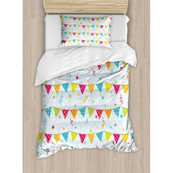 Birthday Duvet Cover Set, Colorful Triangular Party Flags on the Swirls and Stars Design Print Composition, Decorative 2 Piece Bedding Set with 1 Pillow Shams, Twin Size, Multicolor, by Ambesonne