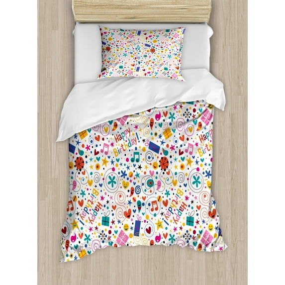Birthday Duvet Cover Set, Dotted Spirals Stars Hearts Musical Notes Surprise Present Boxes Pattern Smiling, Decorative 2 Piece Bedding Set with 1 Pillow Shams, Twin Size, Multicolor, by Ambesonne