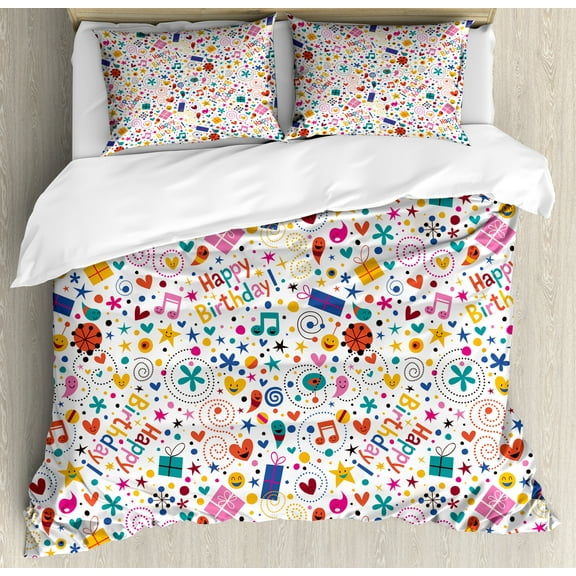 Birthday Duvet Cover Set, Dotted Spirals Stars Hearts Musical Notes Surprise Present Boxes Pattern Smiling, Decorative 3 Piece Bedding Set with 2 Pillow Shams, King Size, Multicolor, by Ambesonne