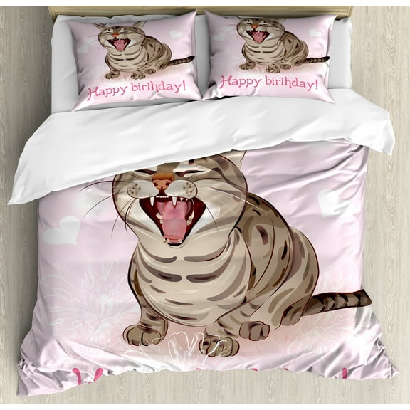 Birthday Duvet Cover Set, Funny Cat Sings a Greeting Song on Pink Color Backdrop with Hearts Flowers, Decorative 3 Piece Bedding Set with 2 Pillow Shams, Calking Size, Pale Pink Brown, by Ambesonne