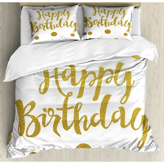 Birthday Duvet Cover Set, Hand Writing Style Calligraphic Text Celebration Design Polka Dots Old Fashioned, Decorative 3 Piece Bedding Set with 2 Pillow Shams, Calking Size, Yellow White, by Ambesonne