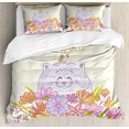 thumbnail image 1 of Ambesonne Birthday Duvet Cover Set, Happy Cat Bird Flowers, King, Pale Yellow Lilac Orange, 1 of 3
