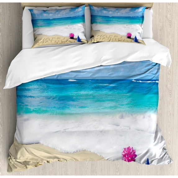 Birthday Duvet Cover Set, Happy Birthday Celebration on Sandy Beach with Party Hat Presents Ocean, Decorative 3 Piece Bedding Set with 2 Pillow Shams, Queen Size, Blue Pale Brown Pink, by Ambesonne