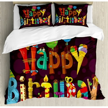 Birthday Duvet Cover Set King Size, Abstract Purple Background Ice Cream Sweets Party Objects as Letters Celebration, Decorative 3 Piece Bedding Set with 2 Pillow Shams, Multicolor, by Ambesonne