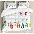 thumbnail image 1 of Birthday Duvet Cover Set King Size, Celebration Cute Colorful Letters on Ropes Funny Faces Pointy Party Hats for Kids, Decorative 3 Piece Bedding Set with 2 Pillow Shams, Multicolor, by Ambesonne, 1 of 3