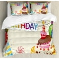 thumbnail image 1 of Birthday Duvet Cover Set King Size, Cute Composition of Candies Yummy Cake Confetti Party Hats Balloons Happiness, Decorative 3 Piece Bedding Set with 2 Pillow Shams, Multicolor, by Ambesonne, 1 of 3