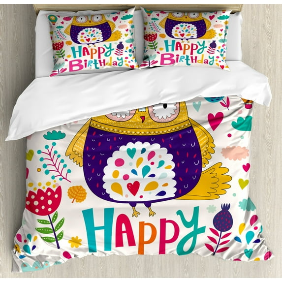 Birthday Duvet Cover Set King Size, Funny Baby Owl Bird with Heart Leaves and Flowers Greeting Doodle Style Print, Decorative 3 Piece Bedding Set with 2 Pillow Shams, Multicolor, by Ambesonne