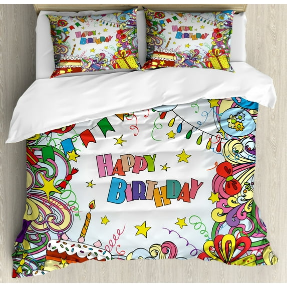 Birthday Duvet Cover Set King Size, Greeting Card Inspired Artwork in Colorful Cartoon Style Festive Party Themed, Decorative 3 Piece Bedding Set with 2 Pillow Shams, Multicolor, by Ambesonne