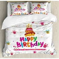 Birthday Duvet Cover Set King Size, Joyful Mouses Partying Presents and Delicious Cake with Candles Festive Cartoon, Decorative 3 Piece Bedding Set with 2 Pillow Shams, Multicolor, by Ambesonne