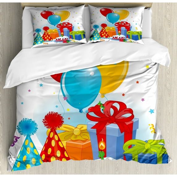 Birthday Duvet Cover Set King Size, Multicolor Slice of Strawberry Pie Party Set Up with Hats Balloons Presents Stars, Decorative 3 Piece Bedding Set with 2 Pillow Shams, Multicolor, by Ambesonne