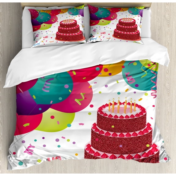 Birthday Duvet Cover Set King Size, Strawberry Triplex Cake with Candles Ribbons Balloons Newborn Celebration Theme, Decorative 3 Piece Bedding Set with 2 Pillow Shams, Multicolor, by Ambesonne