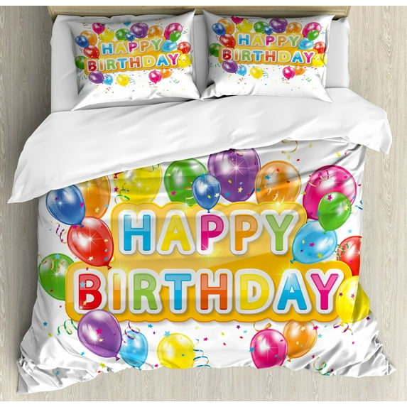 Birthday Duvet Cover Set King Size, The Words Happy Birthday with Vivid Balloons Confetti Rain Blithesome Happy Day, Decorative 3 Piece Bedding Set with 2 Pillow Shams, Multicolor, by Ambesonne
