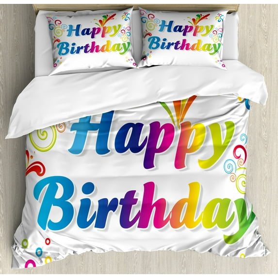 Birthday Duvet Cover Set King Size, Vibrant Abstract Floral Cute Ornaments on Artistic Birthday Message Art Print, Decorative 3 Piece Bedding Set with 2 Pillow Shams, Multicolor, by Ambesonne