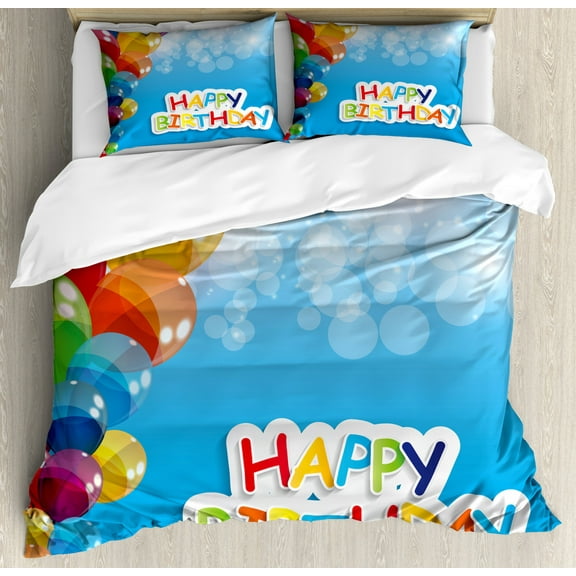 Birthday Duvet Cover Set King Size, Vibrant Balloons in the Sky Sun Beams Abstract Style Air Celebration Theme Print, Decorative 3 Piece Bedding Set with 2 Pillow Shams, Multicolor, by Ambesonne