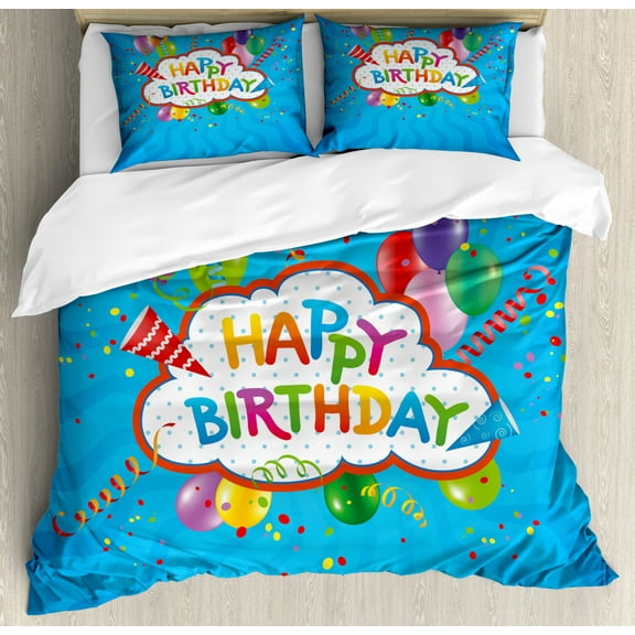 Birthday Duvet Cover Set King Size, Wavy Blue Colored Backdrop with Greeting Text Party Hats Confetti Best Wishes, Decorative 3 Piece Bedding Set with 2 Pillow Shams, Multicolor, by Ambesonne