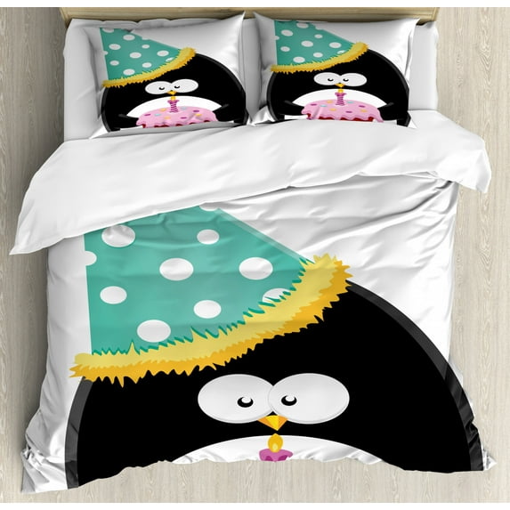 Birthday Duvet Cover Set Queen Size, Adorable Funny Peinguin with Party Hat and Cake Newborn Cartoon Style Happiness, Decorative 3 Piece Bedding Set with 2 Pillow Shams, Multicolor, by Ambesonne
