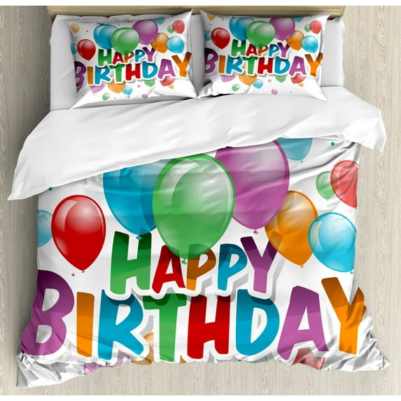 Birthday Duvet Cover Set Queen Size, Balloons Burst Fun Graphic Design Festival Cheerful Mood Greeting Celebration, Decorative 3 Piece Bedding Set with 2 Pillow Shams, Multicolor, by Ambesonne