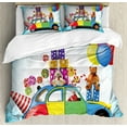 thumbnail image 1 of Birthday Duvet Cover Set Queen Size, Colorful Car with Presents Toys Holiday Lollipops Party Hat Balloons Celebration, Decorative 3 Piece Bedding Set with 2 Pillow Shams, Multicolor, by Ambesonne, 1 of 3