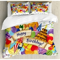 Birthday Duvet Cover Set Queen Size, Colorful Joyous Burst with Champagne Bottles Cake Balloons Festive Celebration, Decorative 3 Piece Bedding Set with 2 Pillow Shams, Multicolor, by Ambesonne