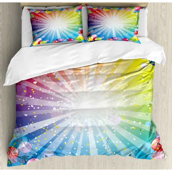 Birthday Duvet Cover Set Queen Size, Festive Striped Backdrop with Balloons Dots Confetti Rain Celebration Birthday, Decorative 3 Piece Bedding Set with 2 Pillow Shams, Multicolor, by Ambesonne